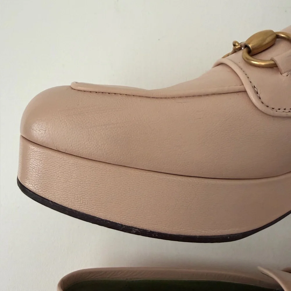 GUCCI || Houdan Blush Leather Horsebit Loafer Pumps Block Heel EU 40.5